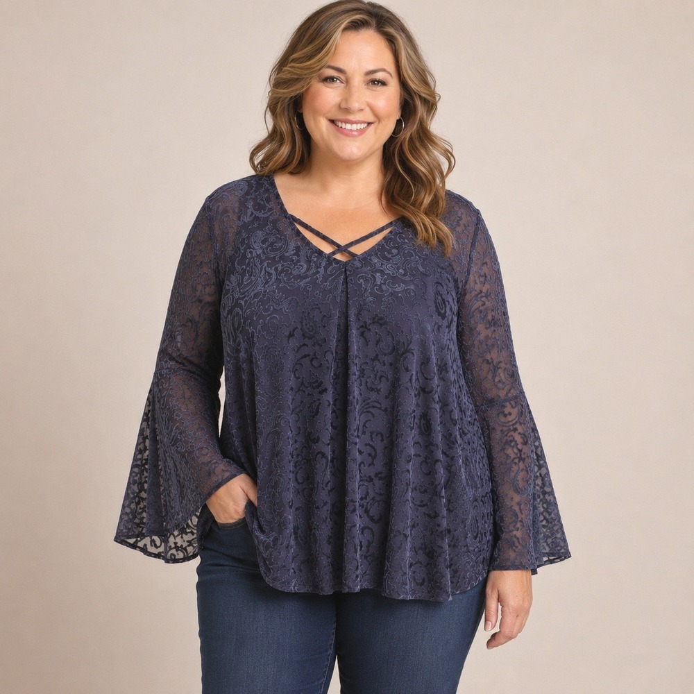 Roaman's 22/24 Navy Burnout Velvet Paisley Bell Sleeve Sheer Boho Tunic Top